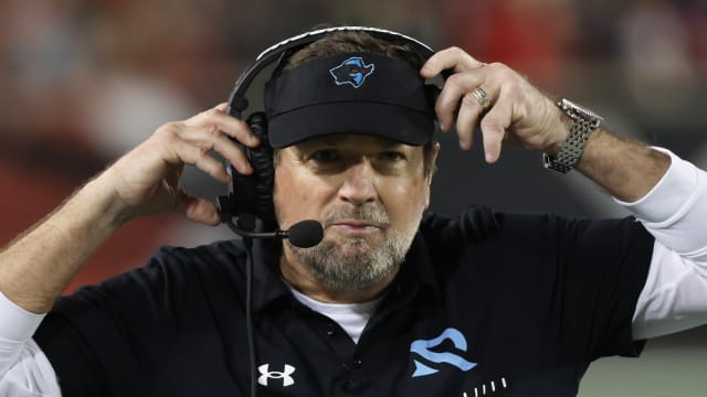 Feb 26, 2023; Houston, TX, USA; Arlington Renegades head coach Bob Stoops walks the sidelines against the Houston Roughnecks in the third quarter at TDECU Stadium. Mandatory Credit: Thomas Shea-USA TODAY Sports  